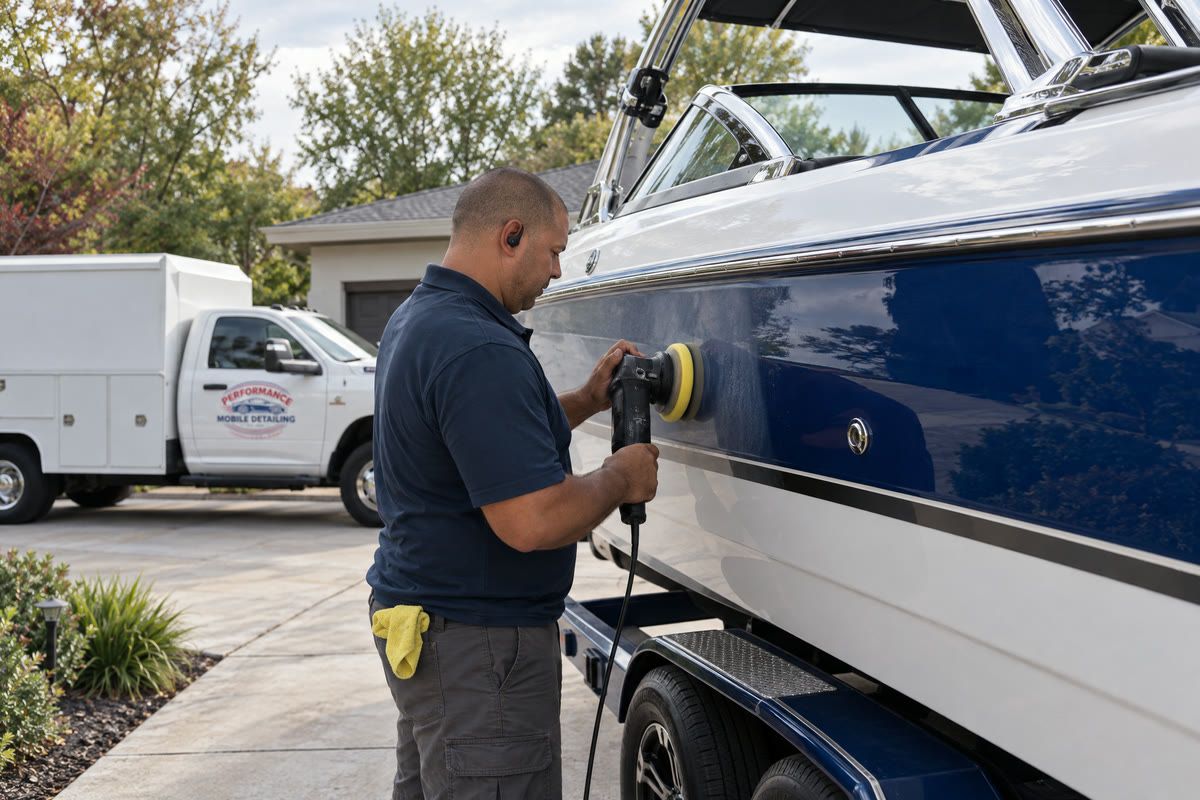 A detailer machine-polishing the hull side of a boat on its trailer