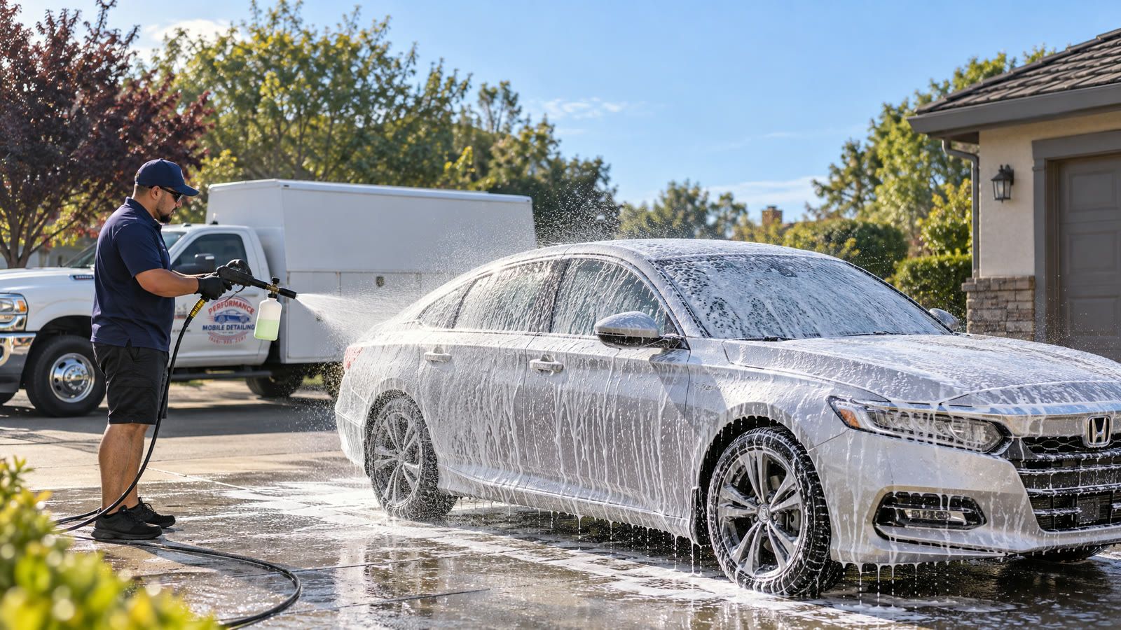 A silver sedan covered in wash foam in a driveway