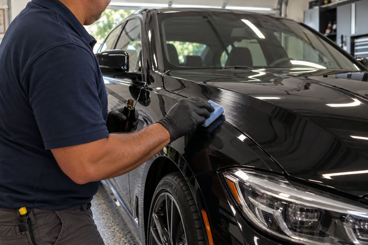A gloved hand wiping ceramic coating onto a black fender with a suede-wrapped applicator