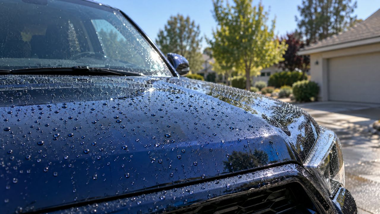 Water beading on the glossy hood of a dark blue SUV