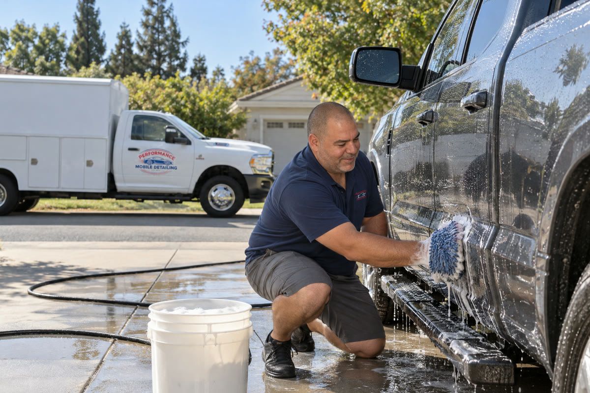 A detailer hand-washing the lower side of a gray pickup with a wash mitt