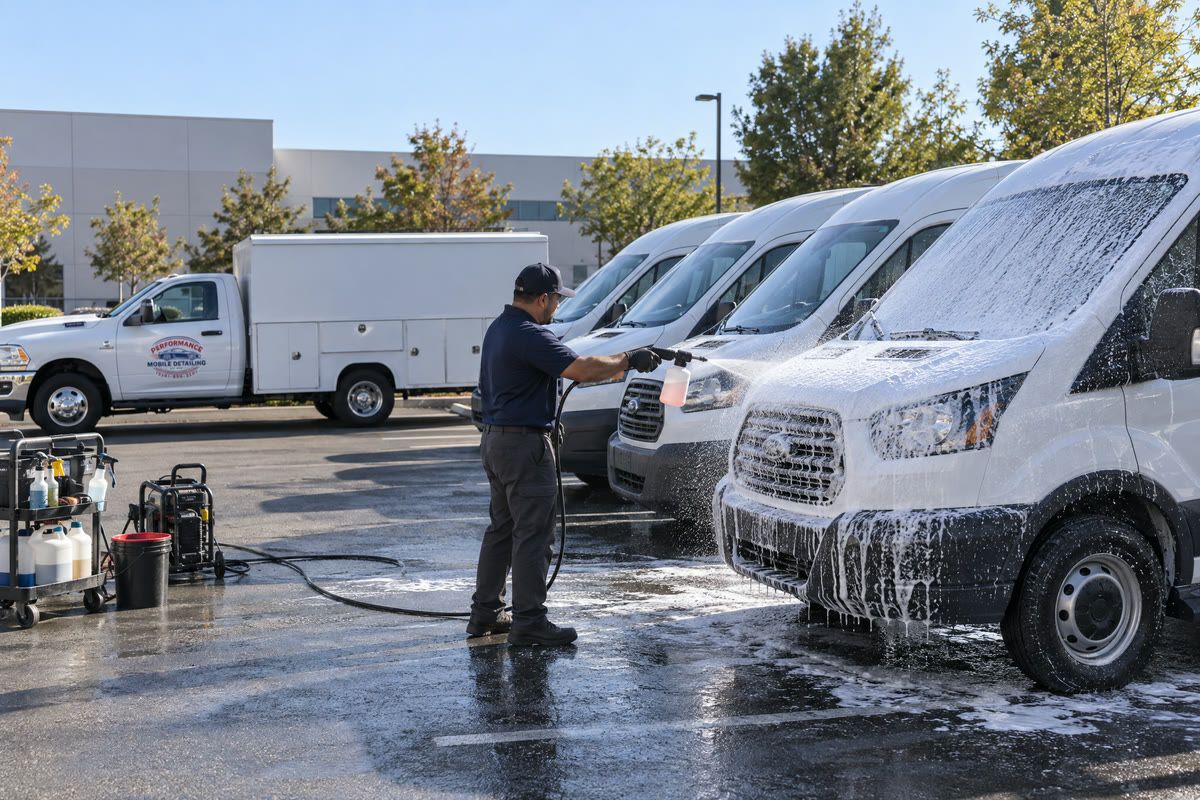 A row of white work vans being foamed in a business parking lot