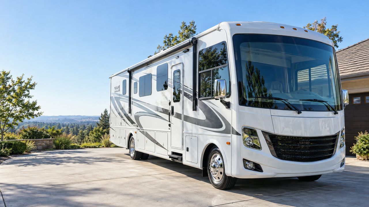 A clean white Class A motorhome parked on a wide driveway