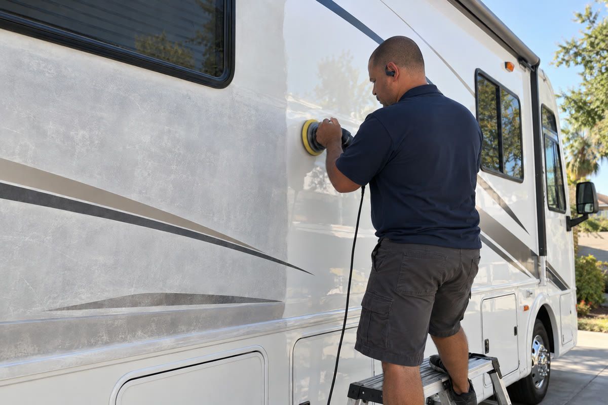 A detailer on a step platform machine-polishing an oxidized RV side panel
