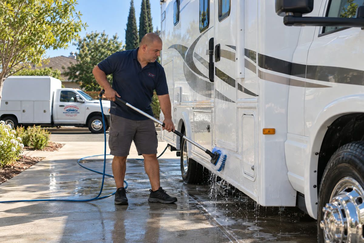 A detailer scrubbing the lower side of an RV with a long-handled brush