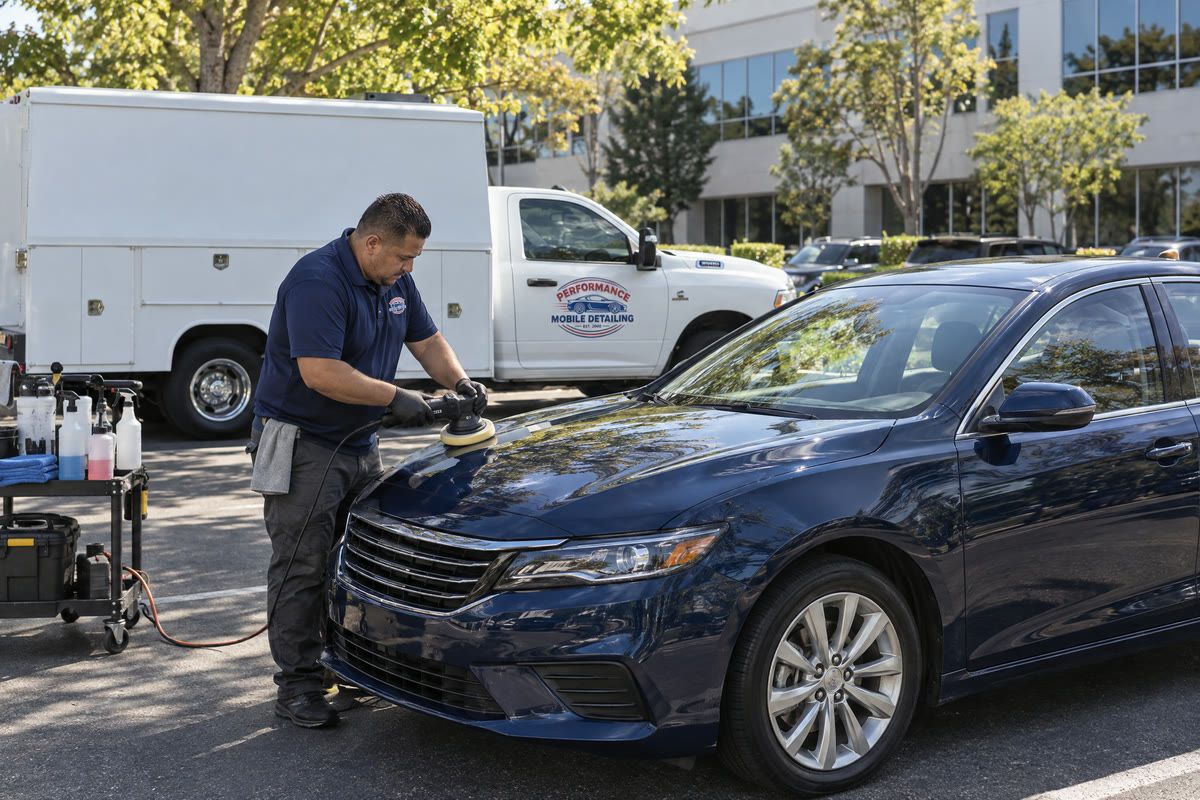 A detailer polishing a sedan in an office parking lot
